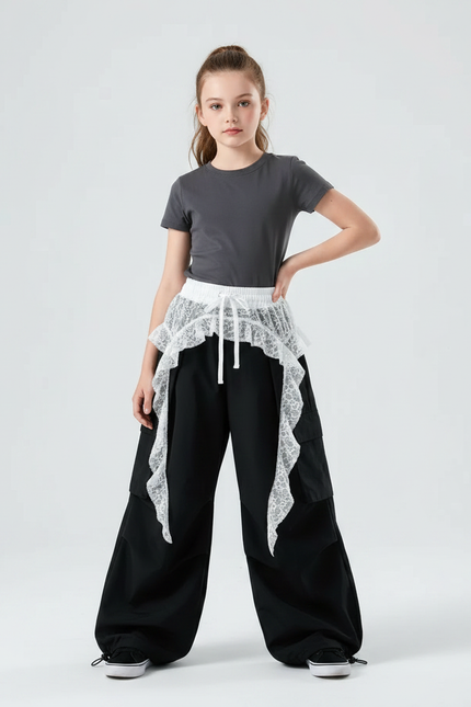 Pantalon Parachute Noir Ample Cargo Fille Dentelle - Toile