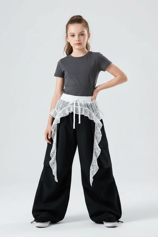 Pantalon Parachute Noir Ample Cargo Fille Dentelle - Toile