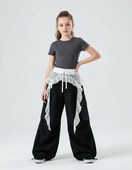 Pantalon Parachute Noir Ample Cargo Fille Dentelle - Toile
