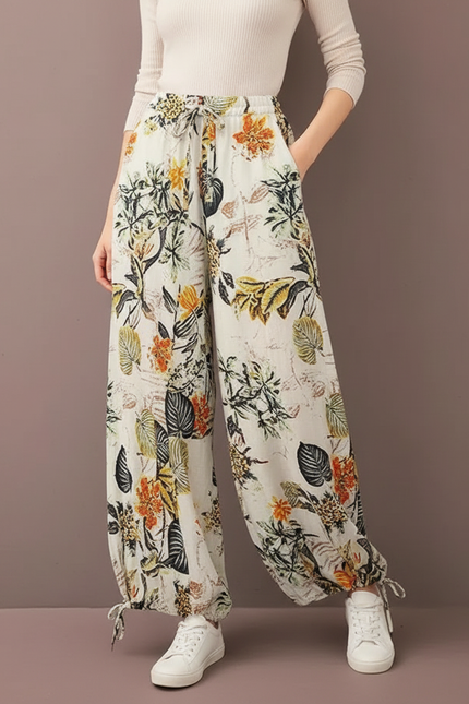 Pantalon Parachute Floral Imprimé Bohème Fluide Femme - Lin