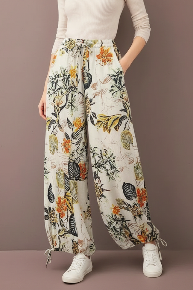 Pantalon Parachute Floral Imprimé Bohème Fluide Femme - Lin