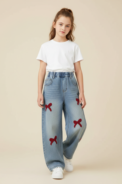 Pantalon Parachute Denim Ample Nœuds Fille - Bleu Jean