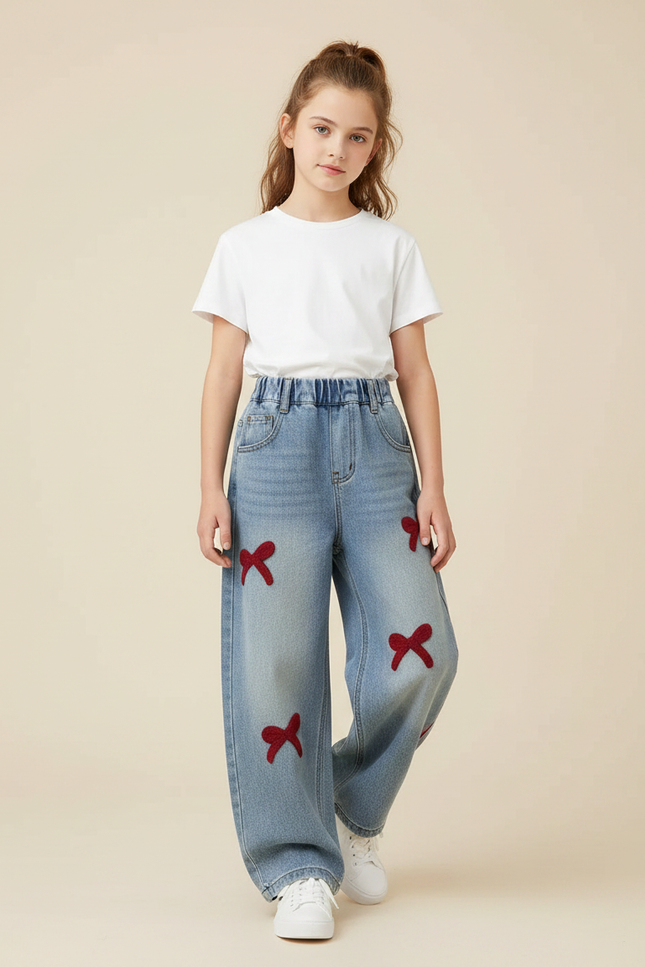 Pantalon Parachute Denim Ample Nœuds Fille - Bleu Jean