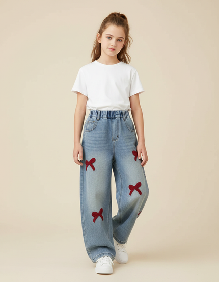 Pantalon Parachute Denim Ample Nœuds Fille - Bleu Jean