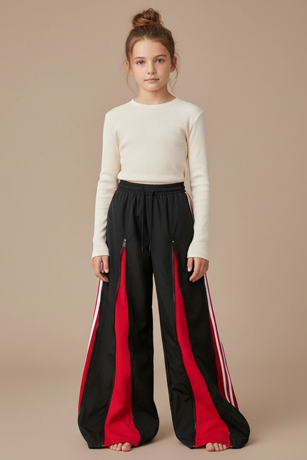 Pantalon Parachute Noir Rouge Zippé Ample Sport - Multicolore Polyester