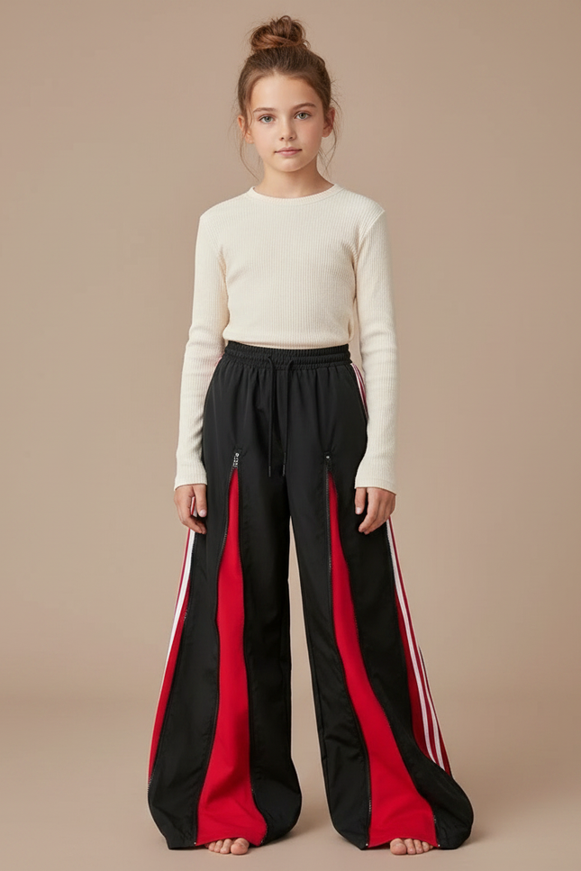Pantalon Parachute Noir Rouge Zippé Ample Sport - Multicolore Polyester