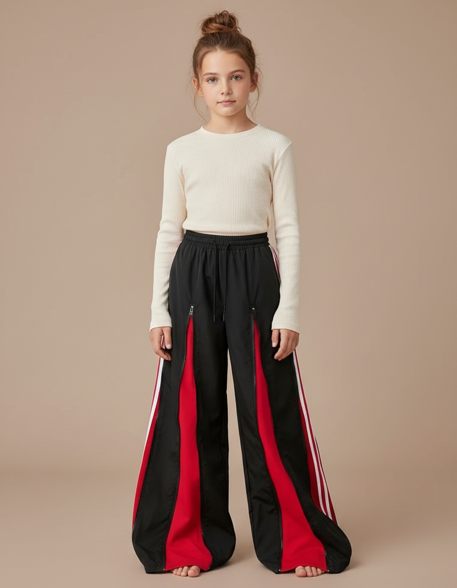 Pantalon Parachute Noir Rouge Zippé Ample Sport - Multicolore Polyester
