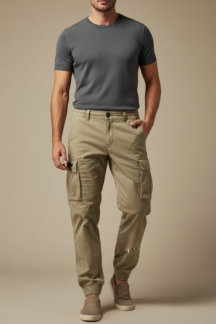 Pantalon Parachute Kaki Cargo Cordon Jogger Casual - Coton