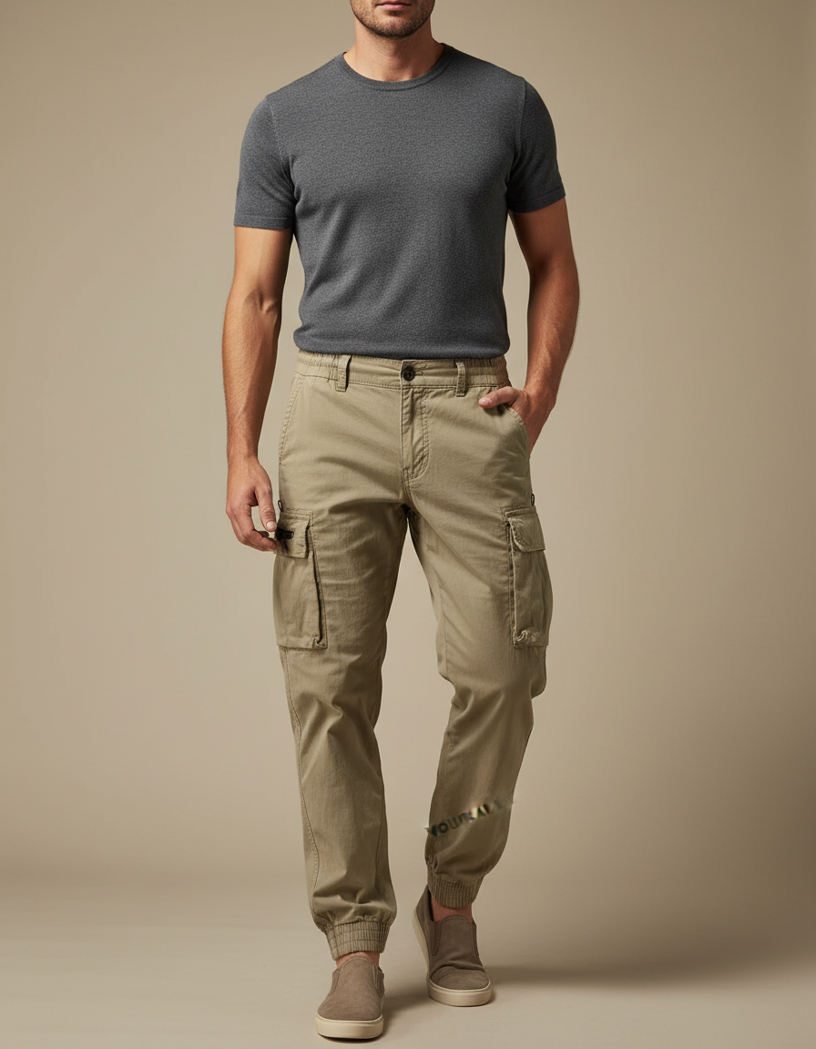 Pantalon Parachute Kaki Cargo Cordon Jogger Casual - Coton