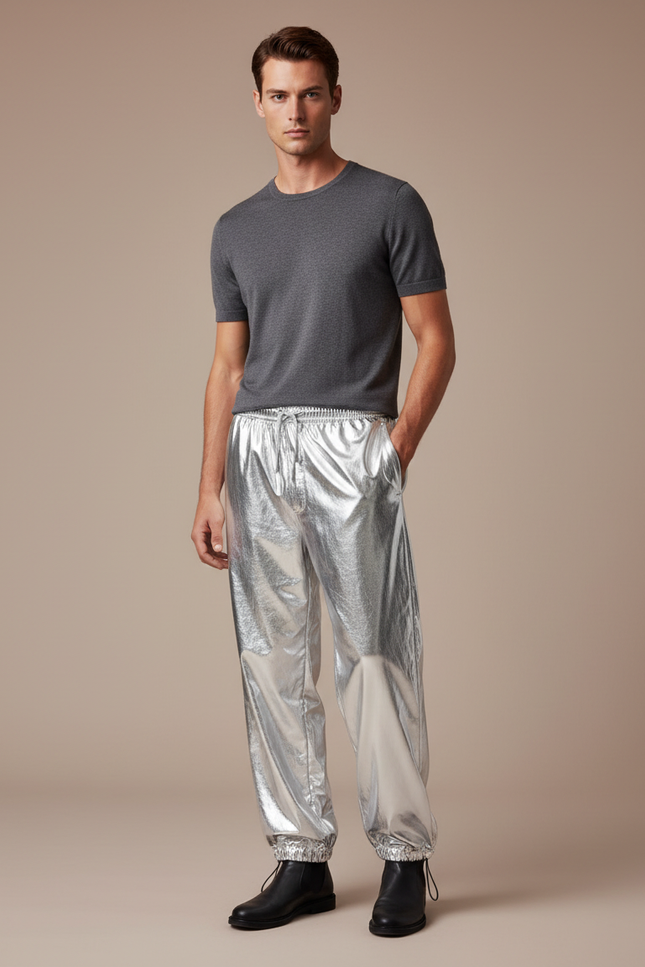 Pantalon Parachute Métallique Argenté Ample Brillant Homme - Polyester