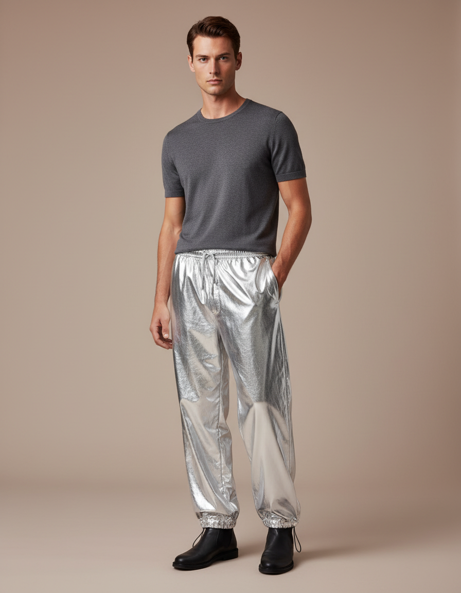 Pantalon Parachute Métallique Argenté Ample Brillant Homme - Polyester