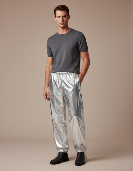 Pantalon Parachute Métallique Argenté Ample Brillant Homme - Polyester