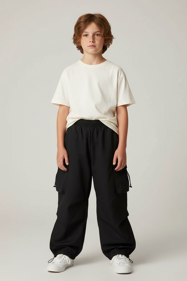 Pantalon Parachute Noir Ample Cargo Cordon - Polyester