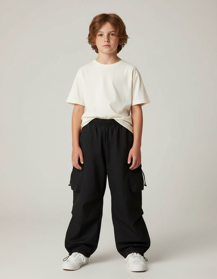 Pantalon Parachute Noir Ample Cargo Cordon - Polyester