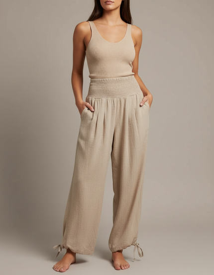 Pantalon Parachute Beige Ample Smocké Cordon Femme - Lin