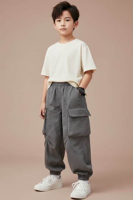 Pantalon Parachute Gris Ample Cargo Garçon Décontracté - Polyester