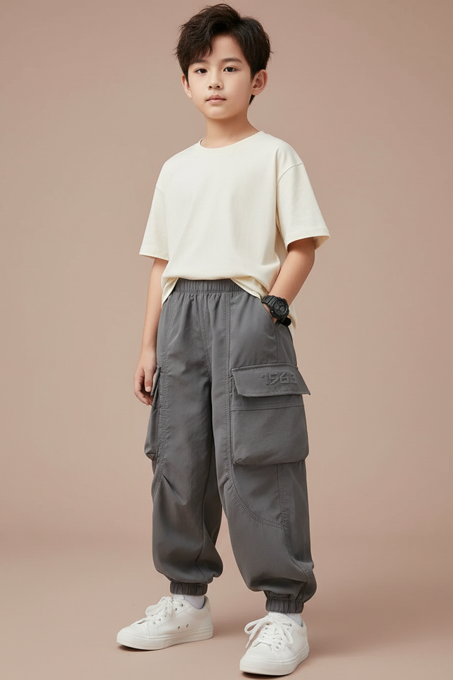 Pantalon Parachute Gris Ample Cargo Garçon Décontracté - Polyester