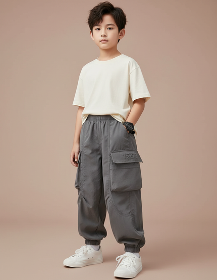 Pantalon Parachute Gris Ample Cargo Garçon Décontracté - Polyester
