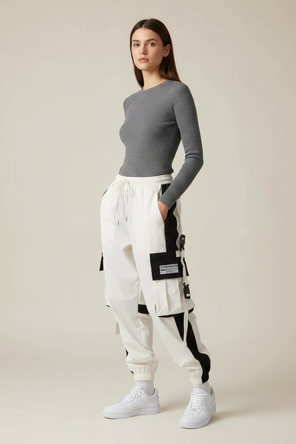 Pantalon Parachute Blanc Cargo Bicolore Femme Techwear - Polyester
