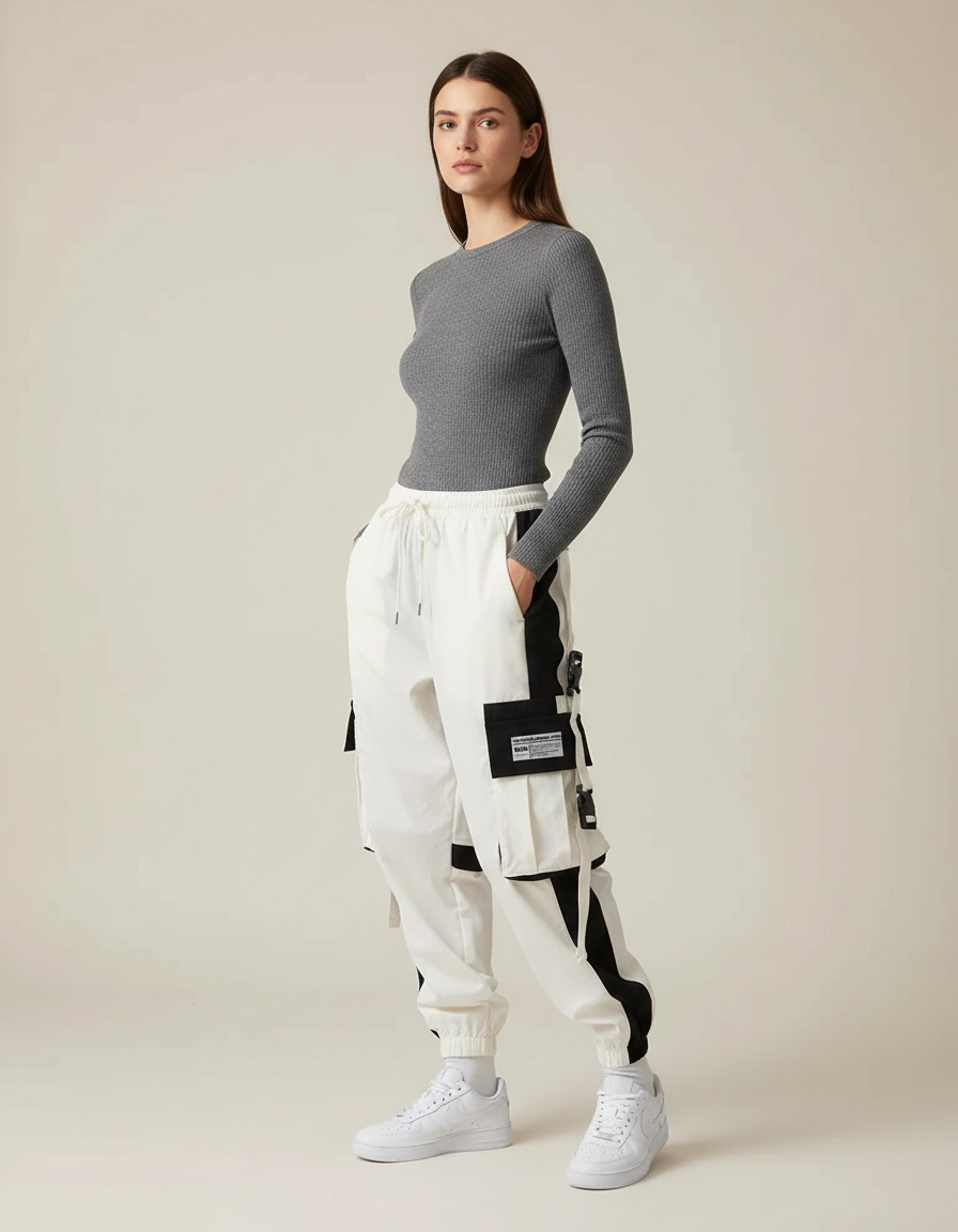 Pantalon Parachute Blanc Cargo Bicolore Femme Techwear - Polyester