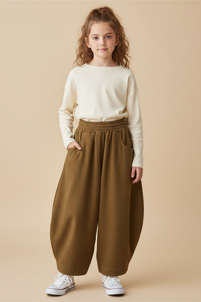 Pantalon Parachute Kaki Ample Confortable Enfant Coton - Molleton