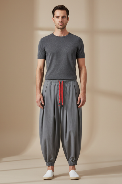 Pantalon Parachute Gris Ample Lin Décontracté