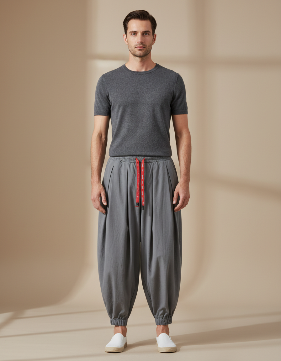 Pantalon Parachute Gris Ample Lin Décontracté