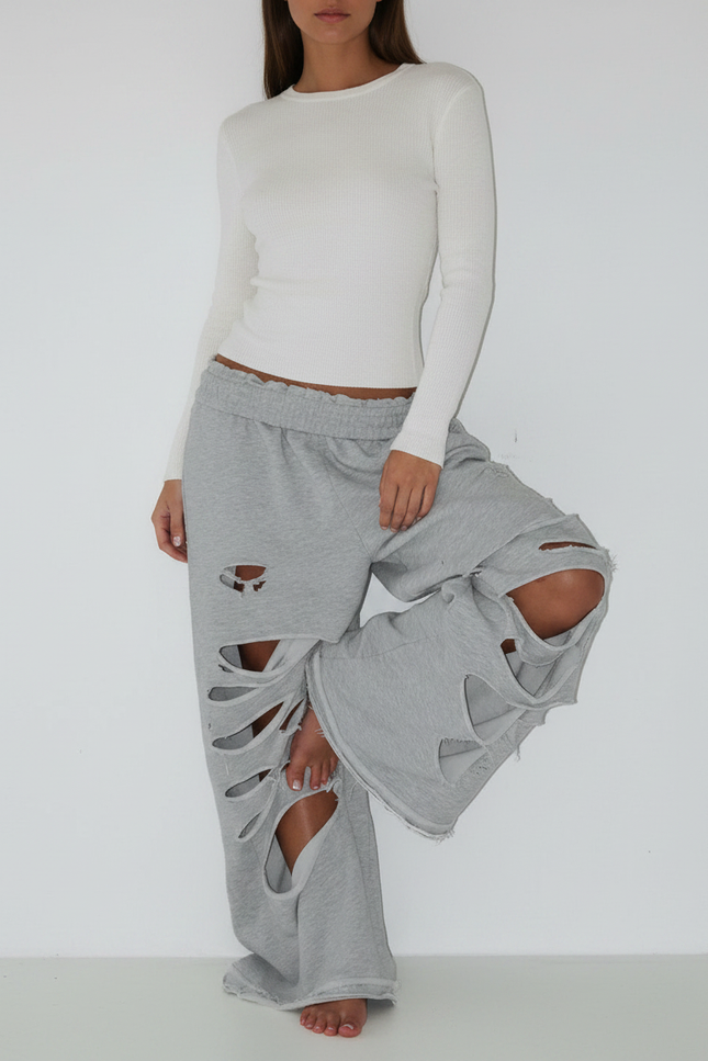 Pantalon Parachute Gris Ample Détruit Décontracté Femme - Molleton