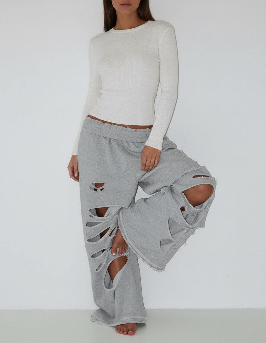 Pantalon Parachute Gris Ample Détruit Décontracté Femme - Molleton