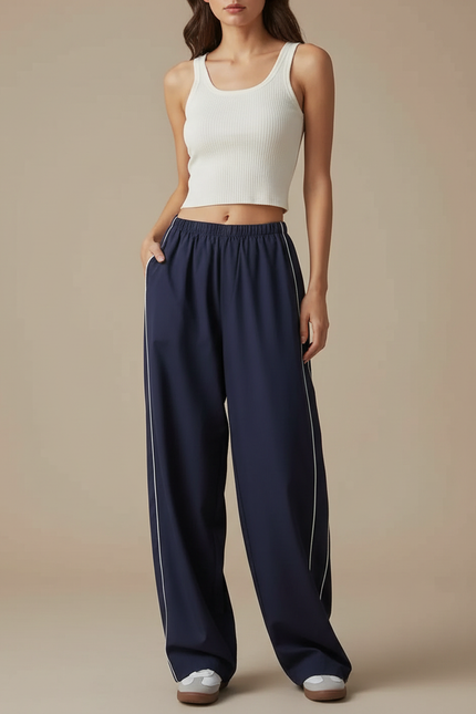 Pantalon Parachute Bleu Marine Fluide Rayures Latérales - Polyester