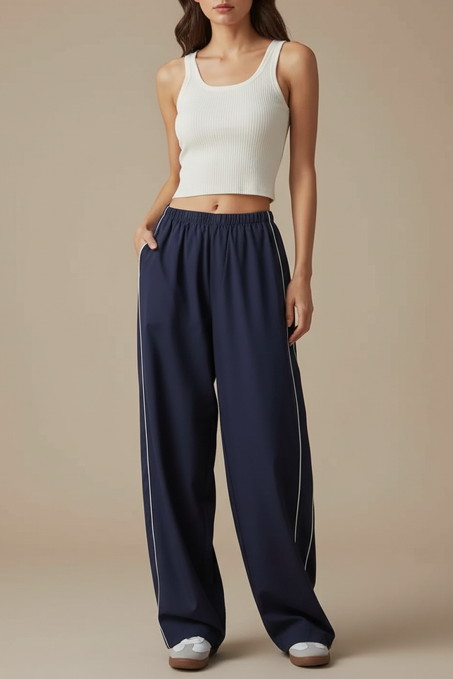 Pantalon Parachute Bleu Marine Fluide Rayures Latérales - Polyester