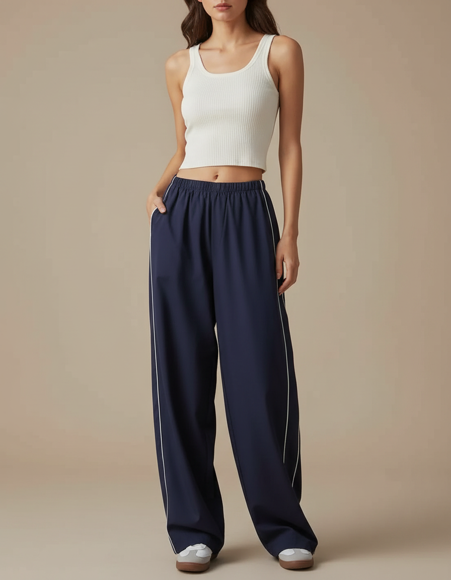 Pantalon Parachute Bleu Marine Fluide Rayures Latérales - Polyester