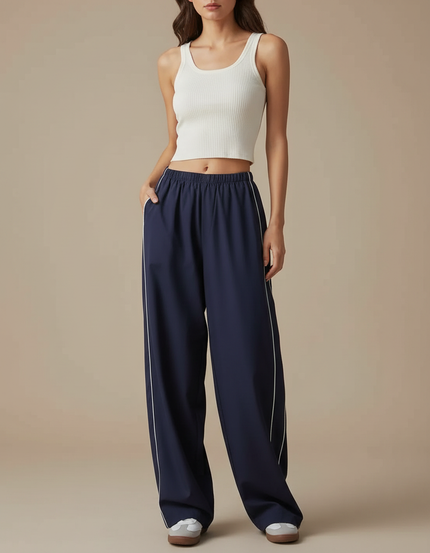 Pantalon Parachute Bleu Marine Fluide Rayures Latérales - Polyester