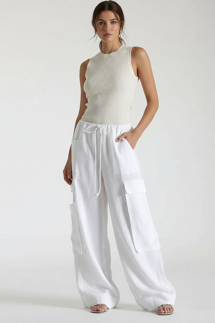 Pantalon Parachute Blanc Ample Cargo Lin Femme