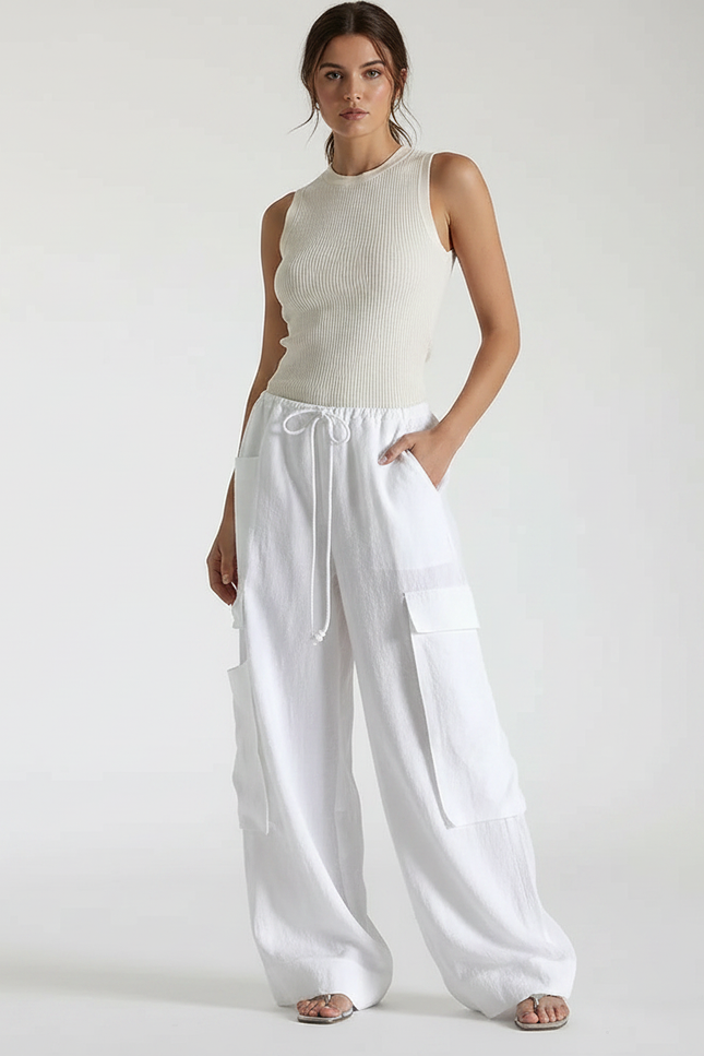 Pantalon Parachute Blanc Ample Cargo Lin Femme