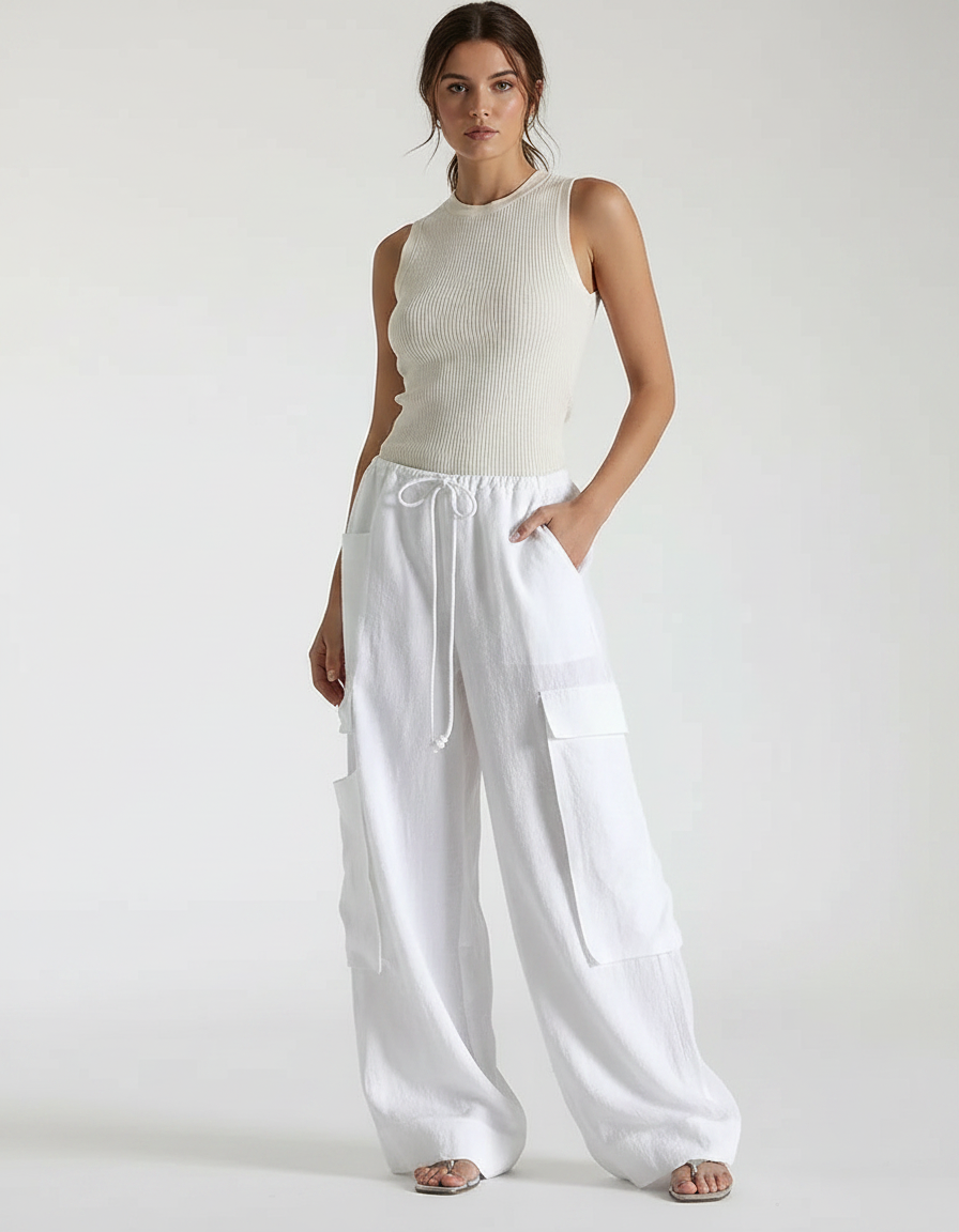 Pantalon Parachute Blanc Ample Cargo Lin Femme