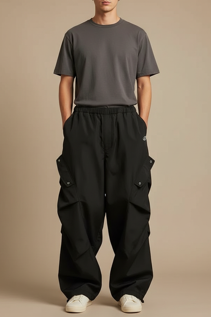 Pantalon Parachute Noir Cargo Ample Homme Streetwear - Polyester
