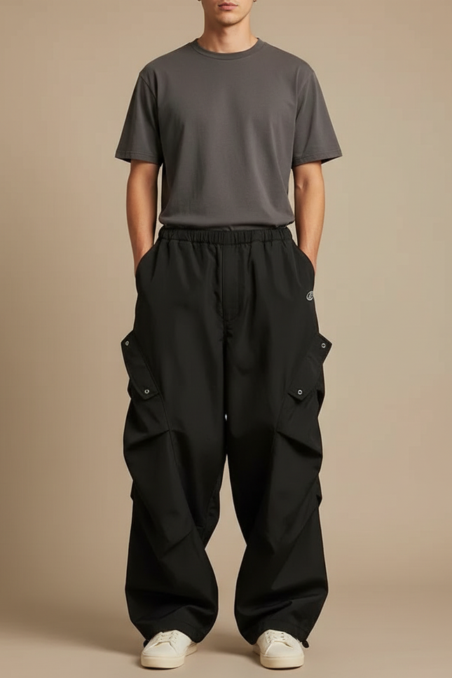 Pantalon Parachute Noir Cargo Ample Homme Streetwear - Polyester