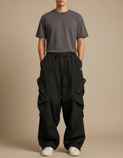 Pantalon Parachute Noir Cargo Ample Homme Streetwear - Polyester