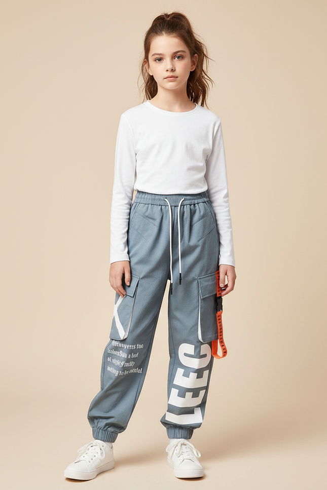 Pantalon Parachute Gris Imprimé Cargo Streetwear Ample - Molleton
