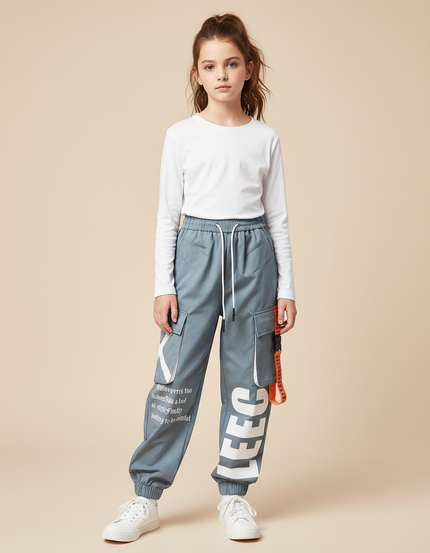 Pantalon Parachute Gris Imprimé Cargo Streetwear Ample - Molleton