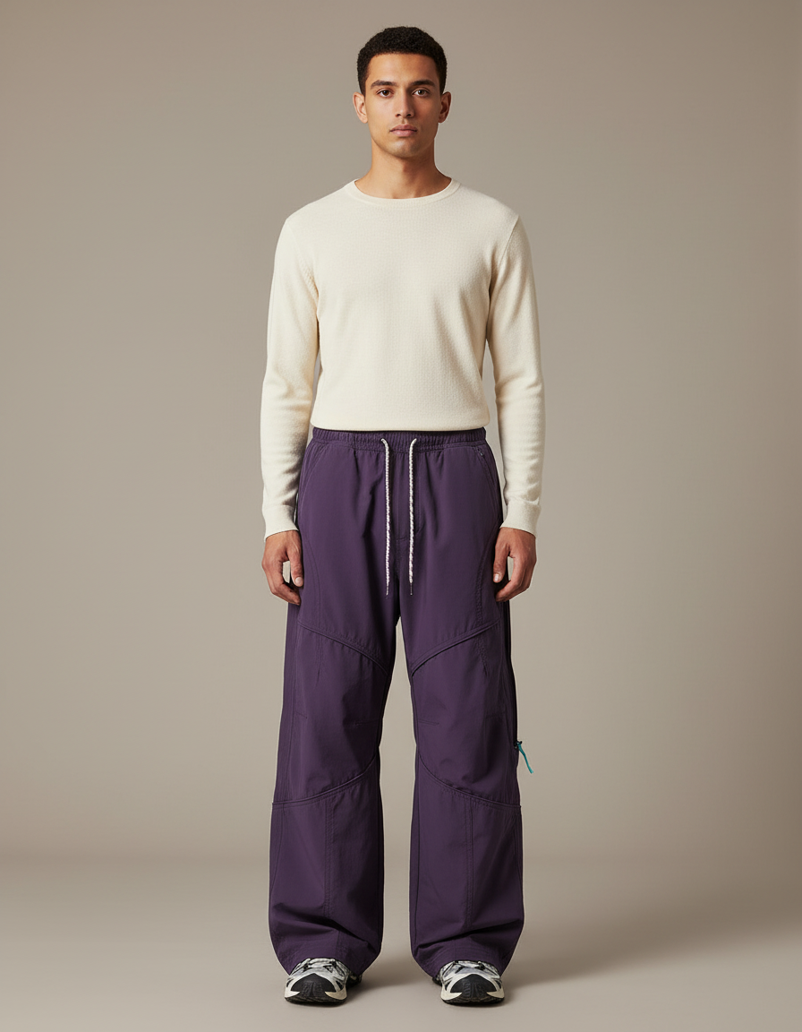Pantalon Parachute Violet Ample Décontracté Homme Cordon Large - Polyester