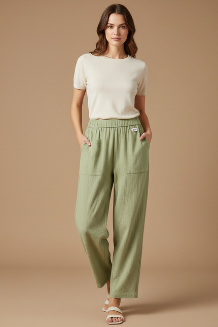 Pantalon Parachute Coton Lin Ample Droit Vert Femme