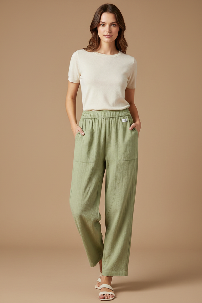 Pantalon Parachute Coton Lin Ample Droit Vert Femme
