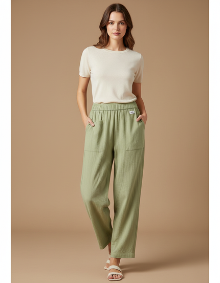 Pantalon Parachute Coton Lin Ample Droit Vert Femme