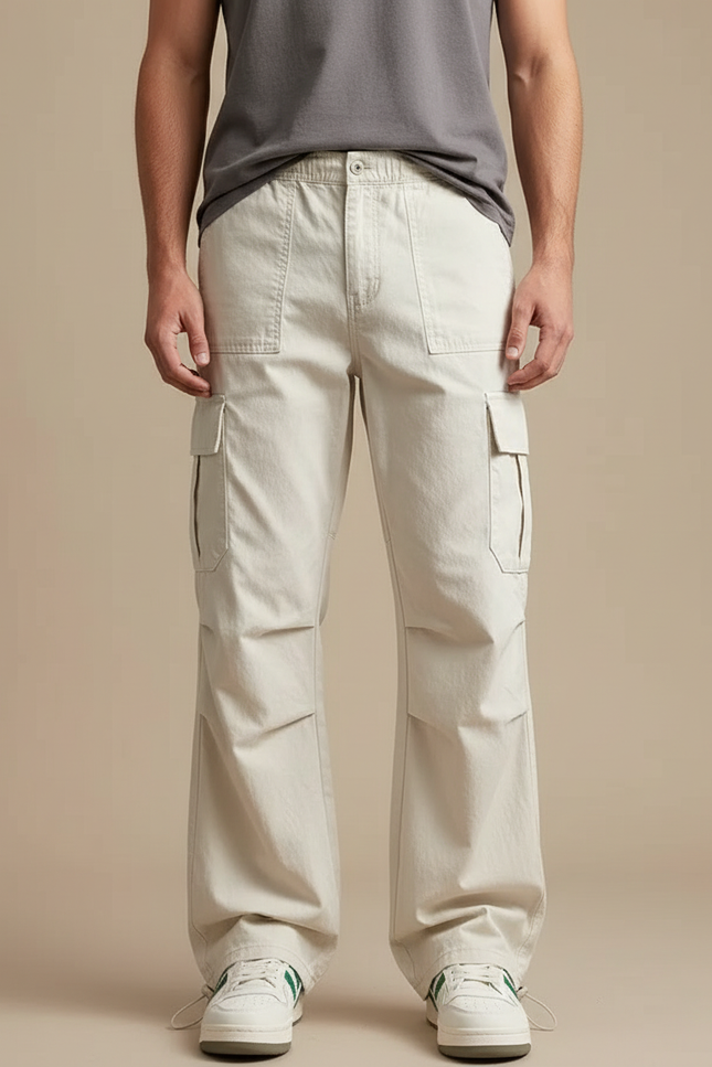 Pantalon Parachute Beige Cargo Ample Coton Homme
