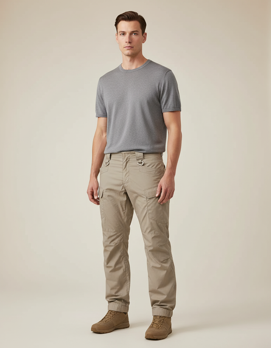 Pantalon Parachute Beige Cargo Multi-poches Homme - Polyester