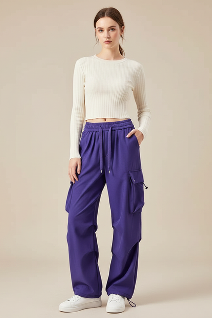 Pantalon Parachute Violet Ample Cargo Fluide Femme - Polyester