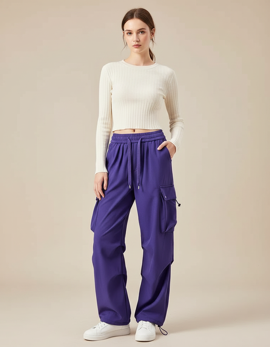 Pantalon Parachute Violet Ample Cargo Fluide Femme - Polyester