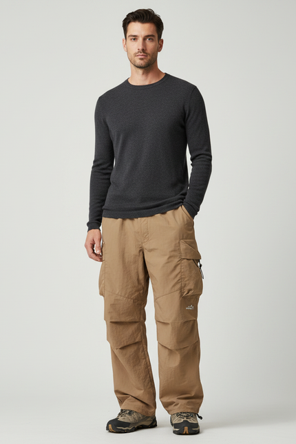 Pantalon Parachute Beige Cargo Ample Outdoor Homme - Polyester